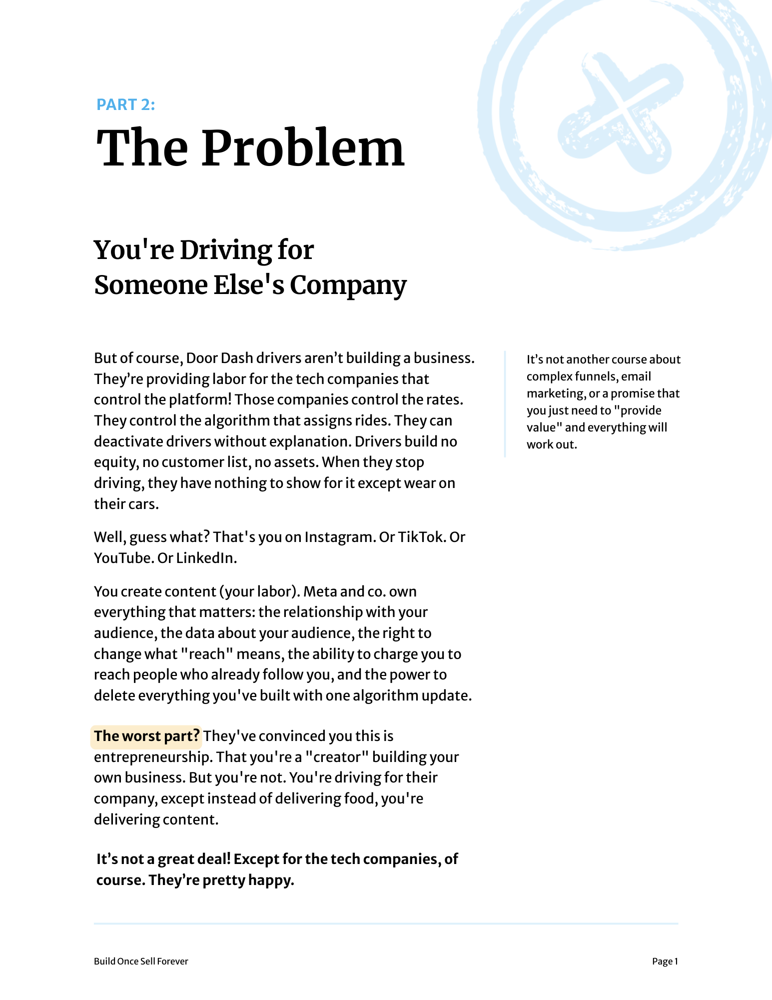 Build Once, Own Forever interior page &mdash; revenue math example